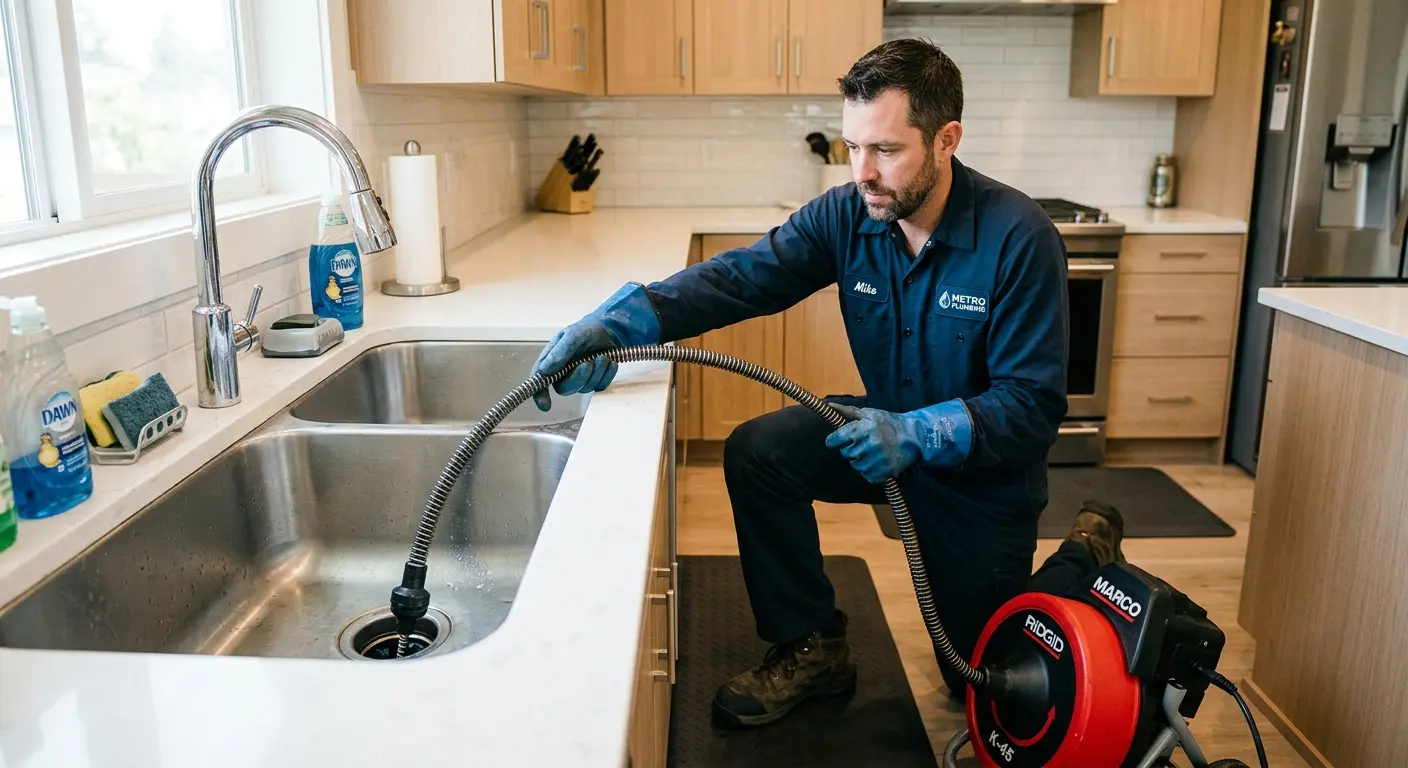 Drain cleaning technician using a motorized snake on a kitchen sink in On Top of the World