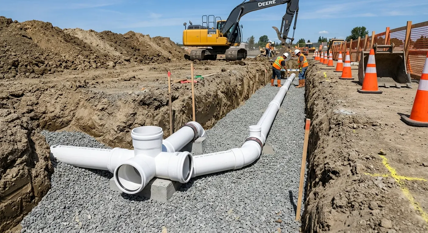 New PVC sewer pipe installation in open trench for Sewer Backup in On Top of the World