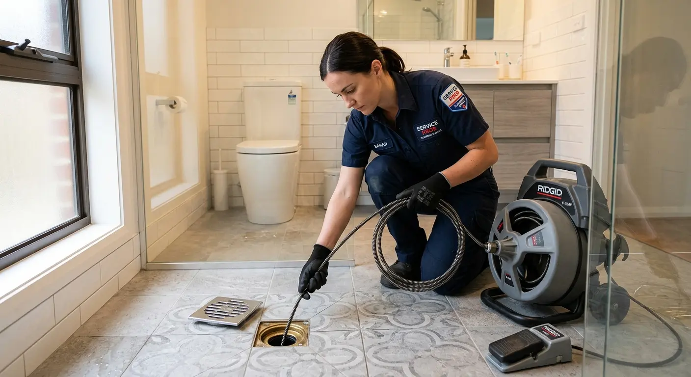Technician clearing a bathroom floor drain for Drain Cleaning in On Top of the World